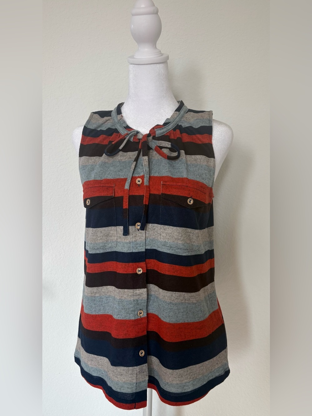 Democracy Striped Sleeveless Blouse Small Tie Neck Button Front Top